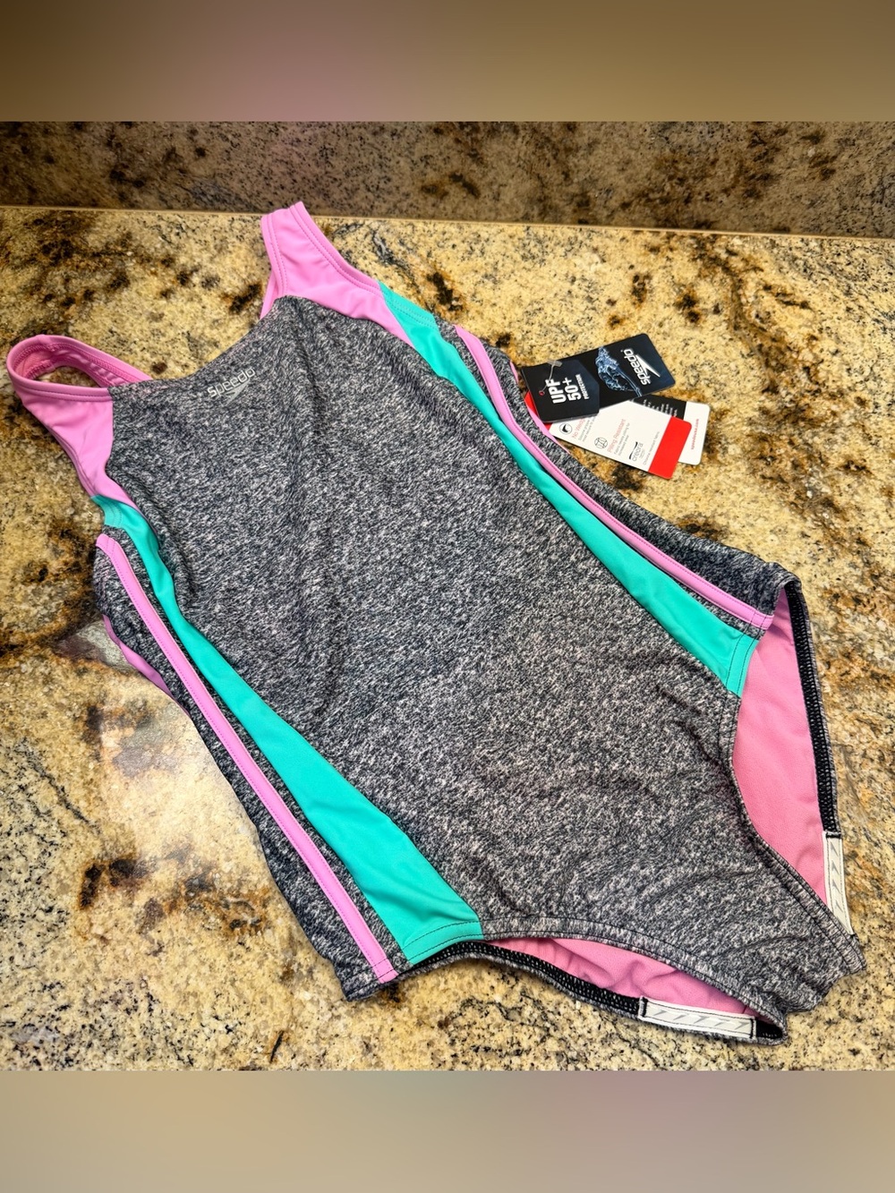 Speedo Girls 14 Heather Gray One-Piece Racerback Lined Swimsuit Mint Green Pink